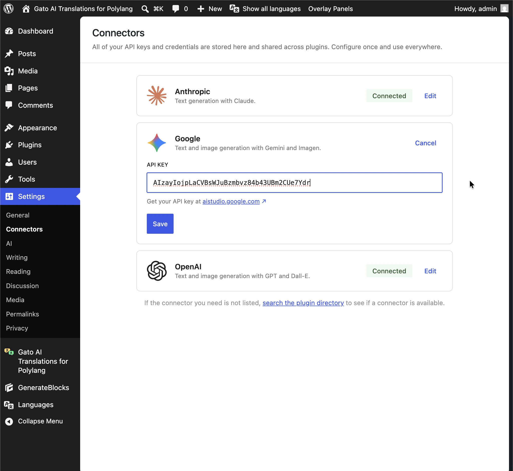 Anthropic, Google ve OpenAI için API anahtarları WordPress AI Connectors'dan alınır