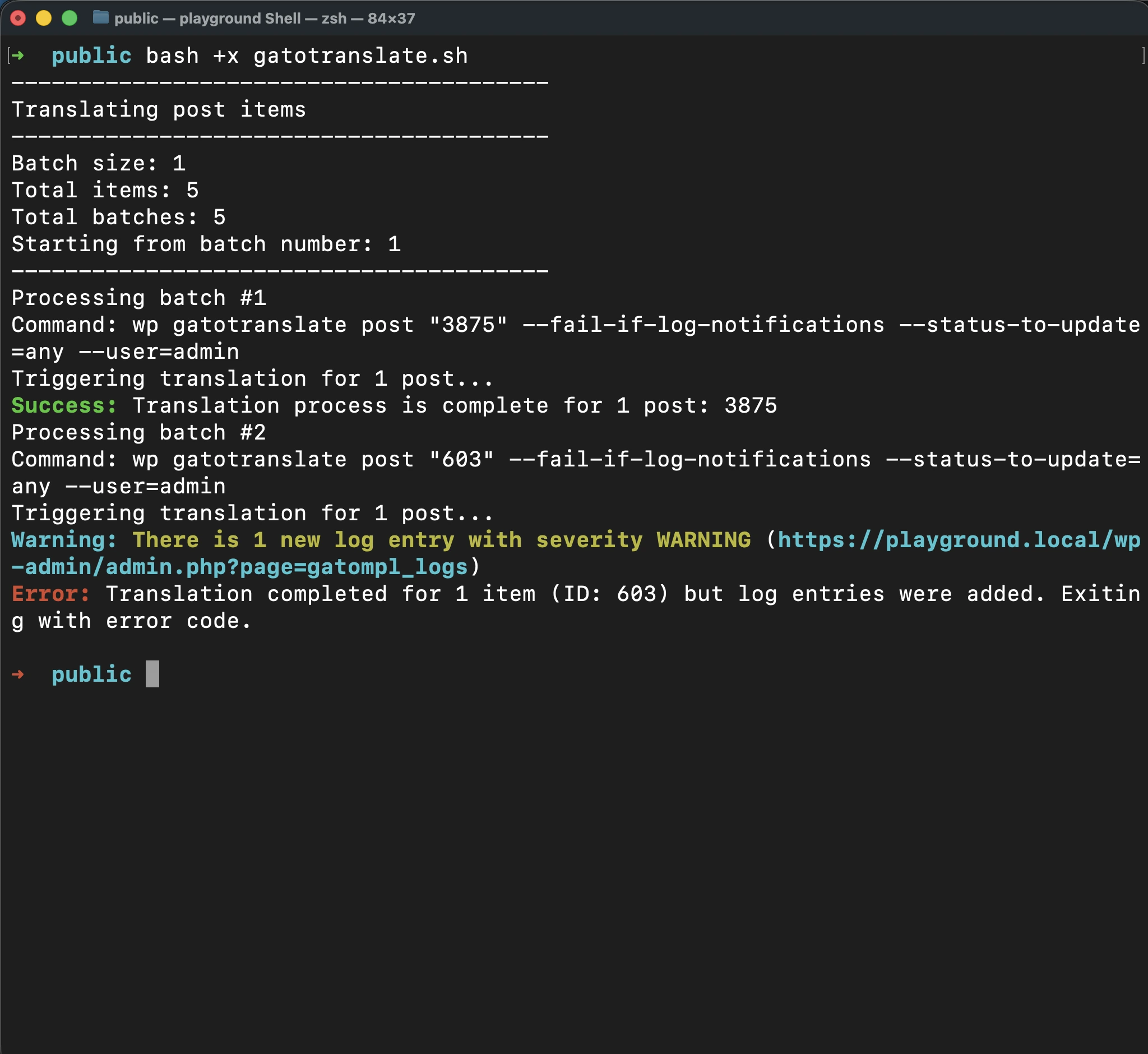 'gatotranslate.sh' betiğini '--fail-if-log-notifications' parametresiyle çalıştırma
