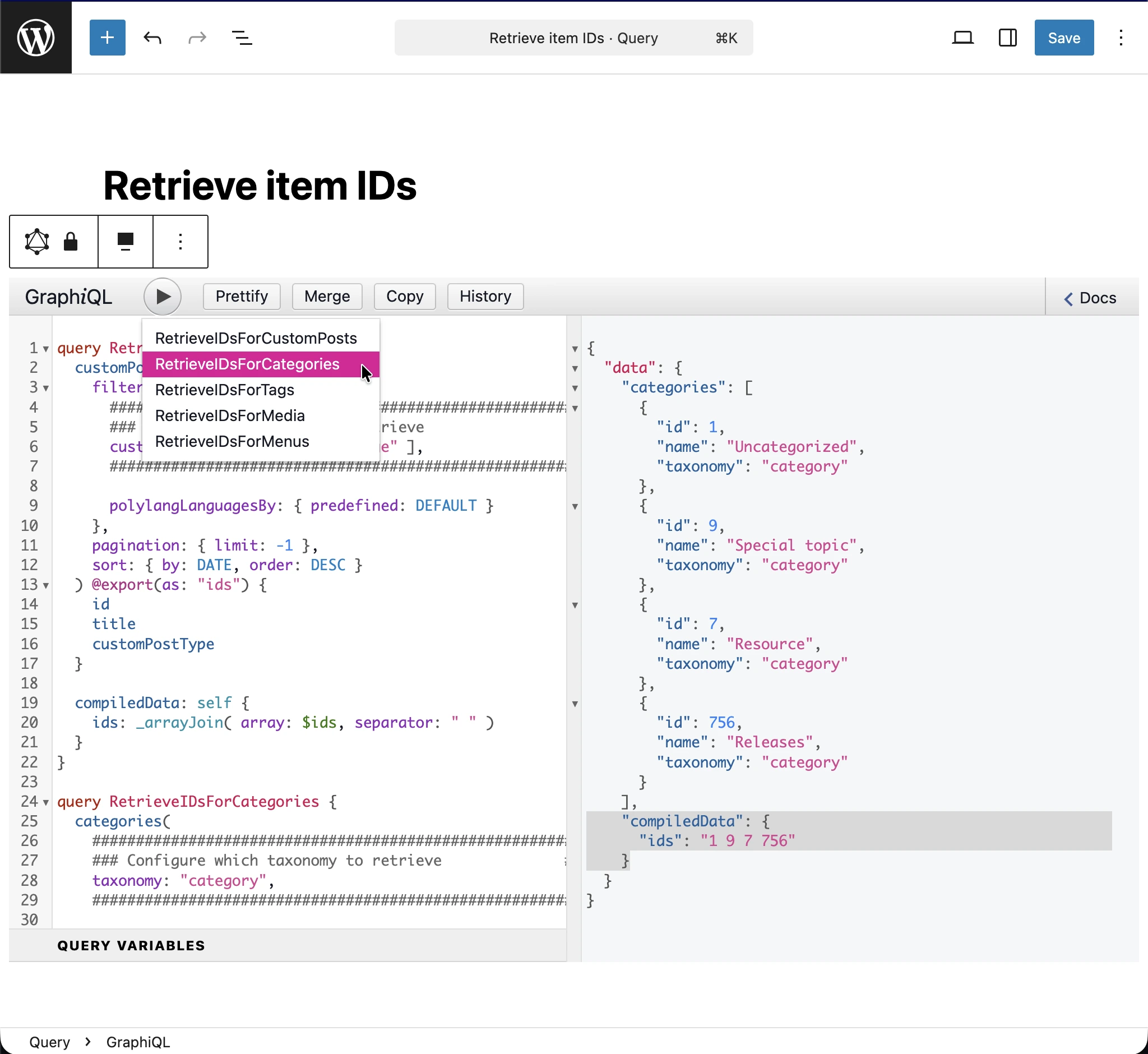 'Retrieve item IDs' query'sini çalıştırma