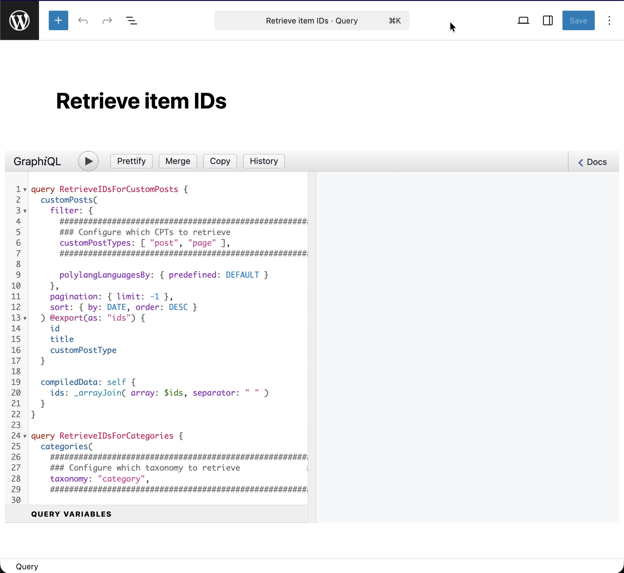 'Retrieve item IDs' query'sini oluşturma