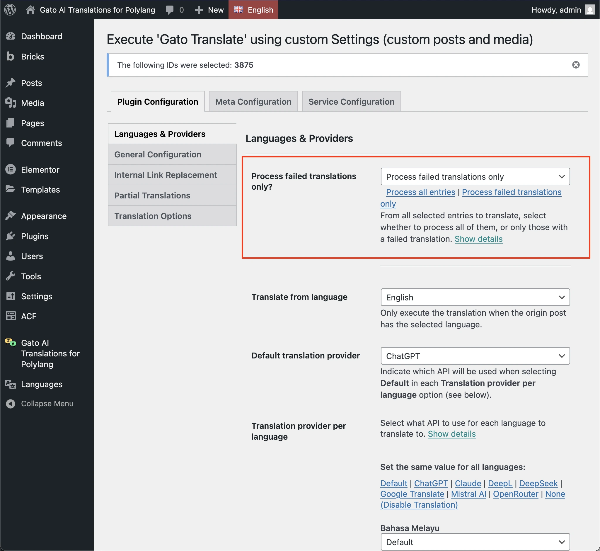 'Gato Translate (Custom)' Ayarlar sayfasında 'Process failed translations only' seçeneğinin seçilmesi
