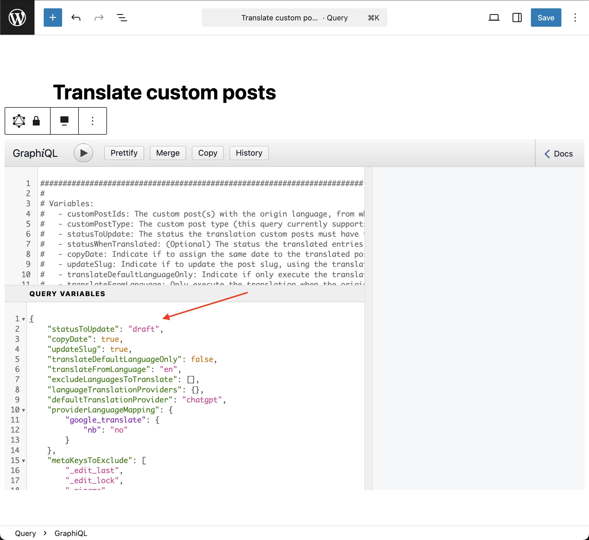 Değişkenlerin GraphiQL istemcisine yapıştırılması