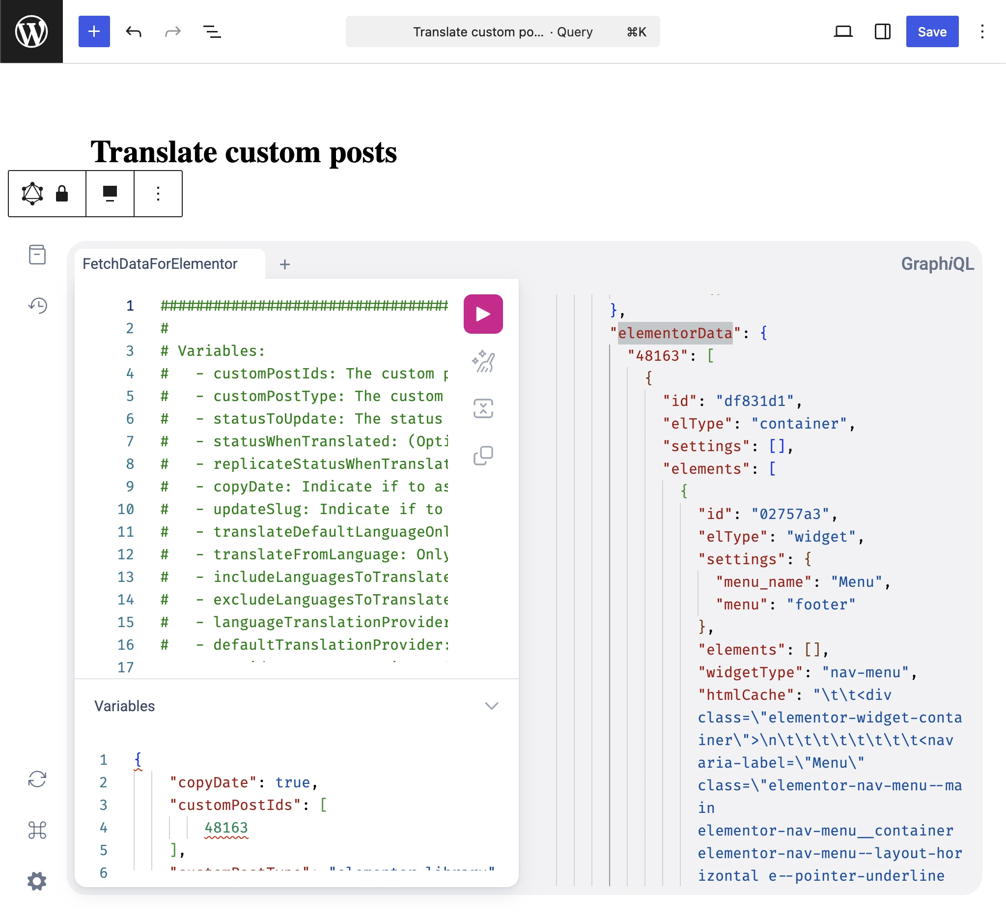 Translate custom posts GraphQL yanıtında elementorData incelemesi