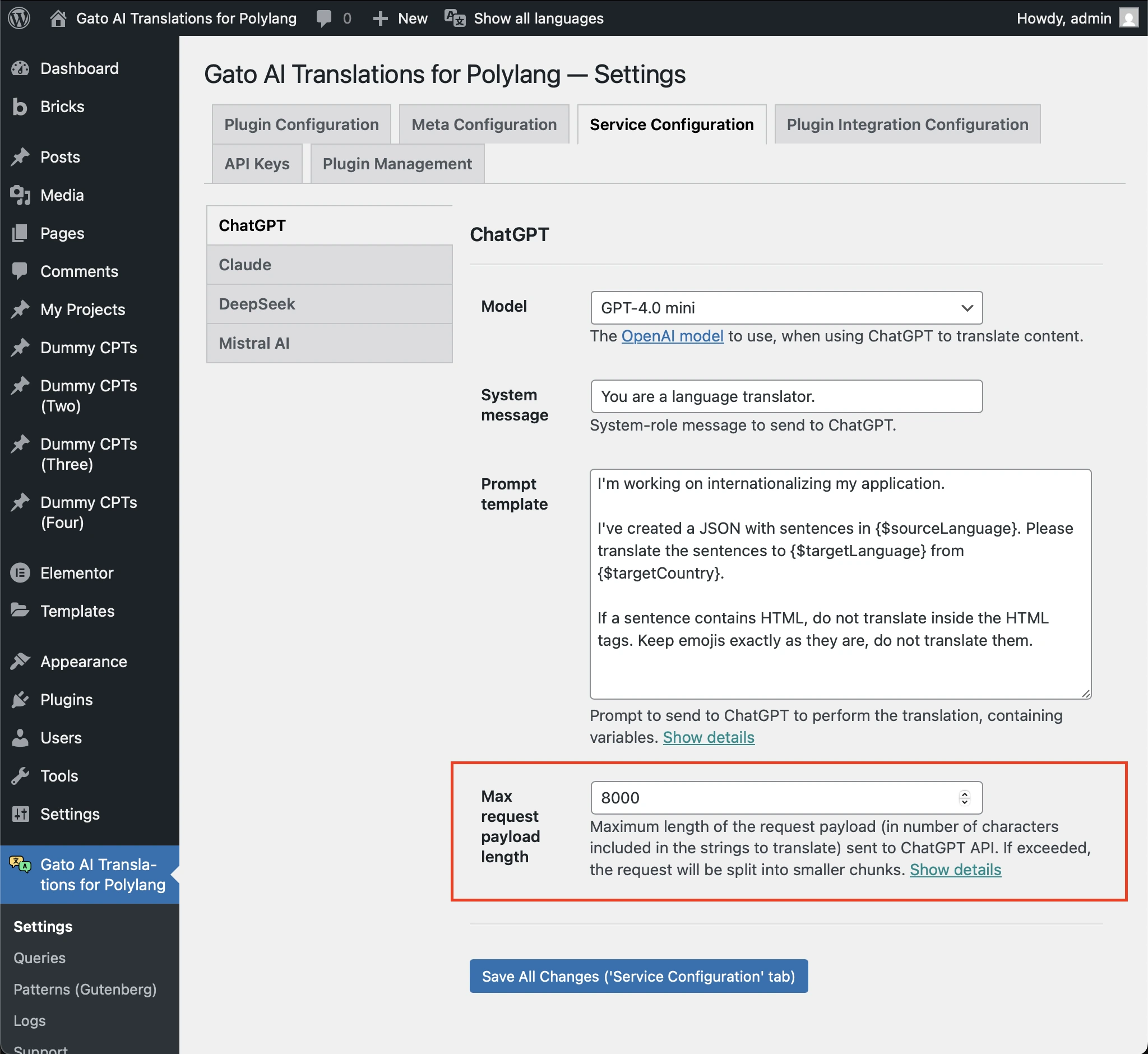 'Max request payload length' seçeneğinin ayarlanması
