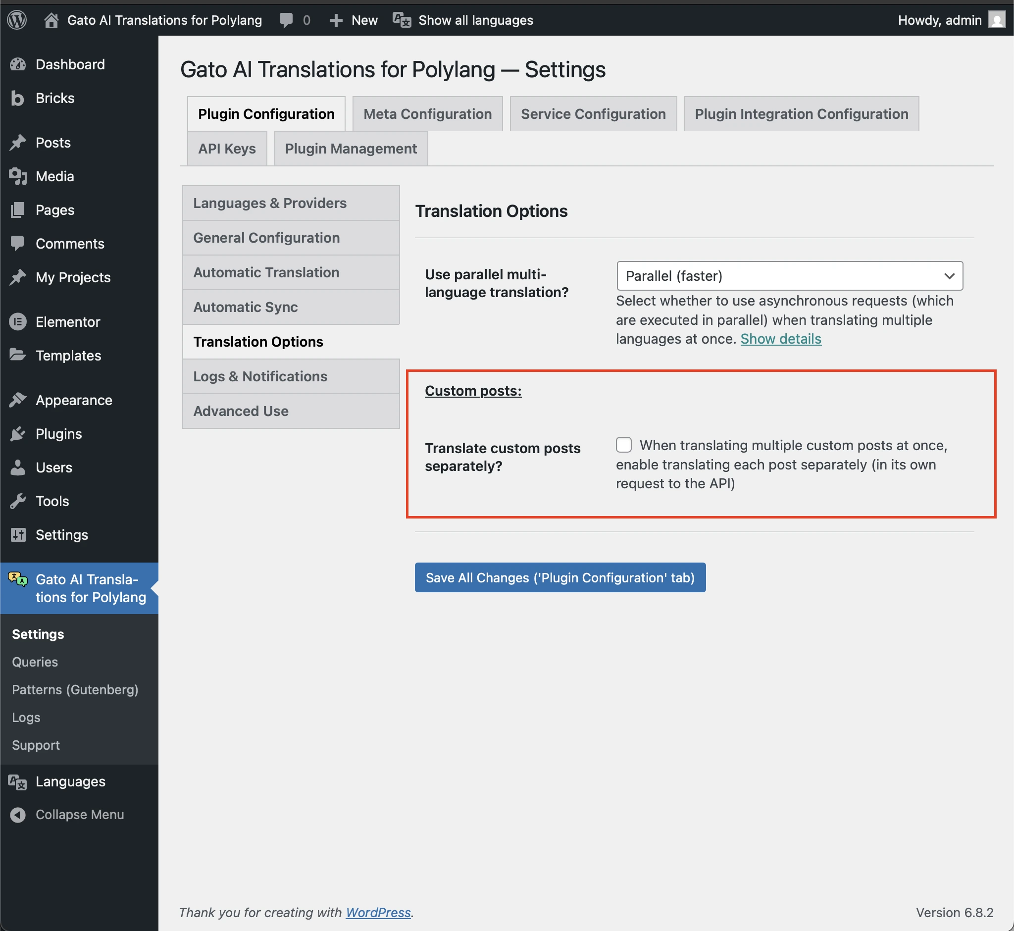 Ayarlardaki 'Translate custom posts separately?' seçeneği