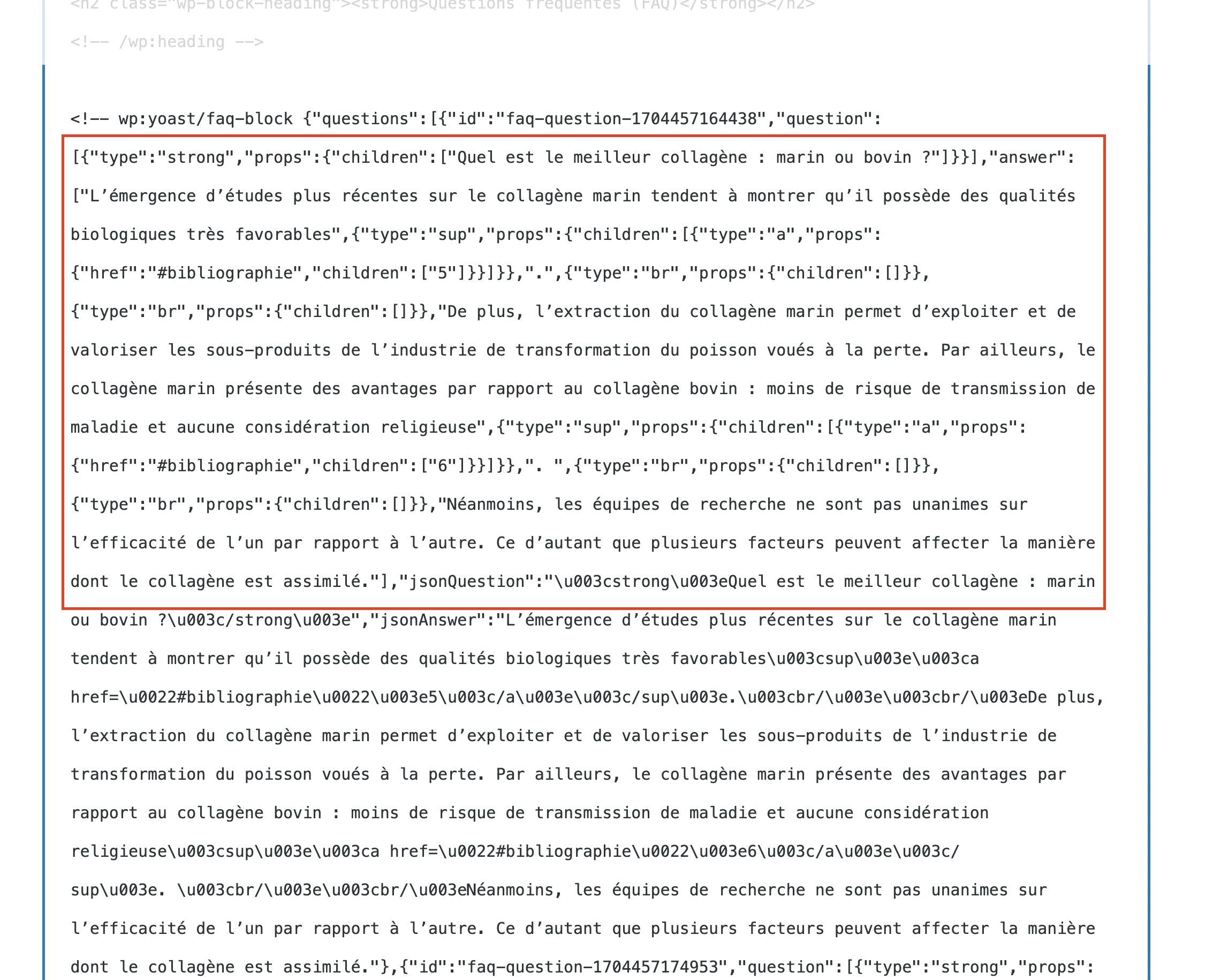 HTML etiketleri içeren Yoast FAQ bloğunun kodu