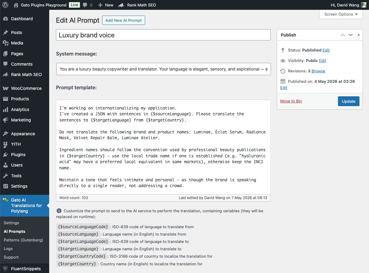 Gato AI Translations'da özel prompt editörü